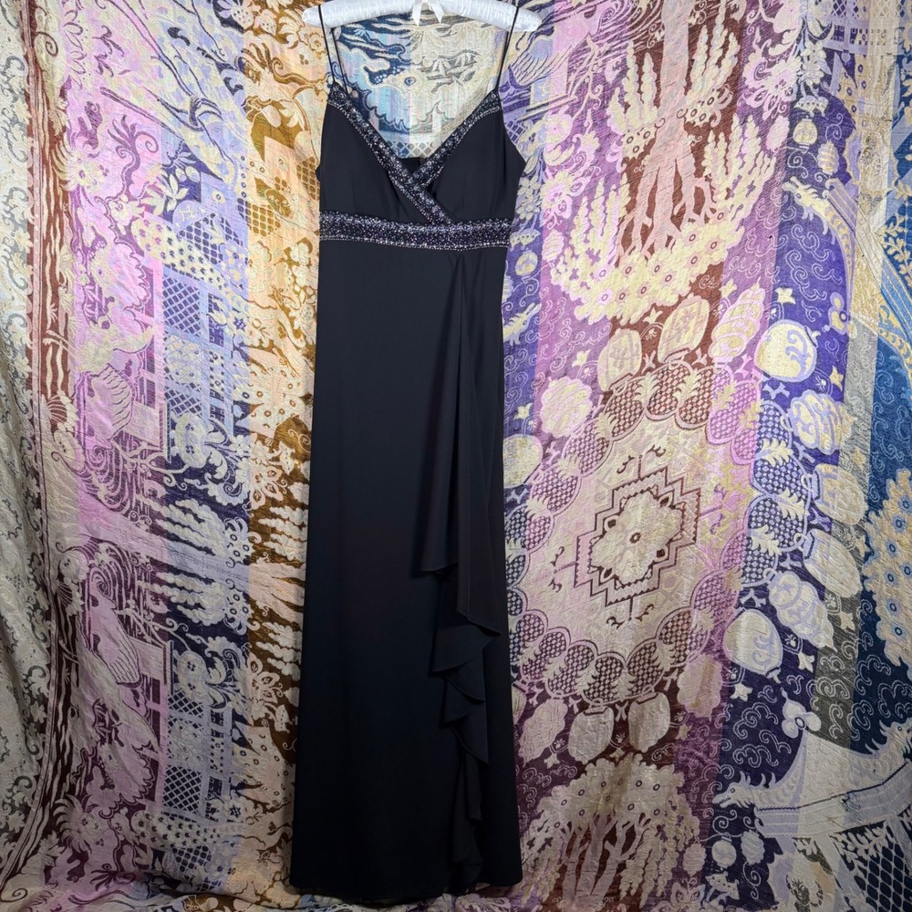 Y2K Black Beaded Ruffled Dark Romantic Chic Full Length Formal Dress Size L